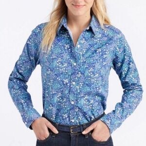 LL Bean Blue Floral Wrinkle Free Pinpoint Oxford Long Sleeve Shirt LARGE PETITE